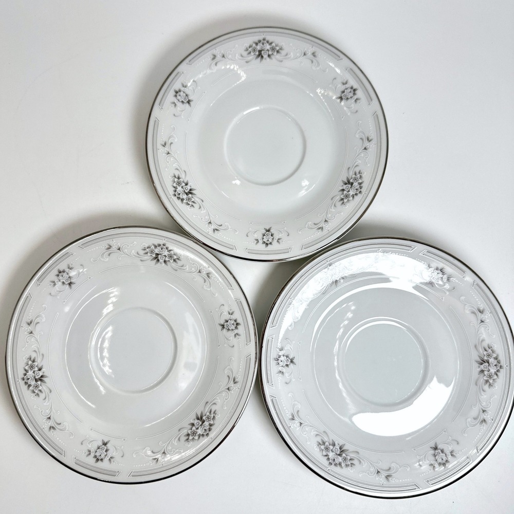 Nitto Cotillion S74 Saucers Set 3 White Grey Floral Platinum Trim Japan Vintage